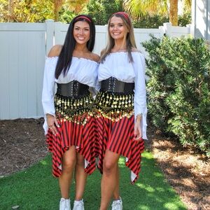 Pirate costume: White Off-Shoulder Blouse with Red and Black Skirt